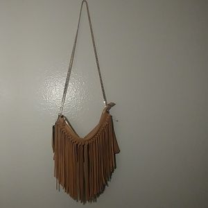H&M Tan Suede Fringe Purse with gold chain strap
